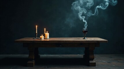 Mysterious wooden table with lit candles and a goblet of wine, ethereal smoke swirling