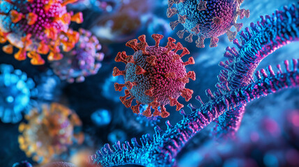 Fototapeta premium HKU5-CoV-2 virus host. Coronavirus epidemic. Pandemic vaccination. Colorful visualization of HKU5-CoV-2 virus evolution.