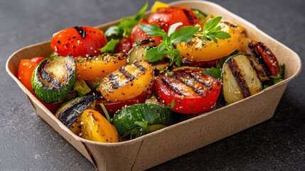 Grilled Vegetable Salad with Fresh Herbs and Colorful Summer Produce in Eco-Friendly Tray
