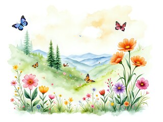 A serene landscape of colorful flowers and fluttering butterflies