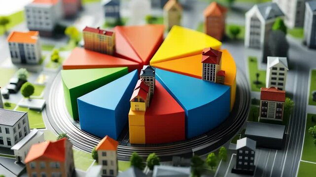 Colorful digital pie chart illustrating real estate distribution in urban landscapes, Colorful digital pie chart for real estate distribution, top down, with distinct legends
