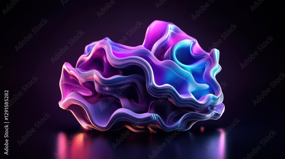 Poster colorful geometric object placed on a smooth black surface with soft lighting and reflections
