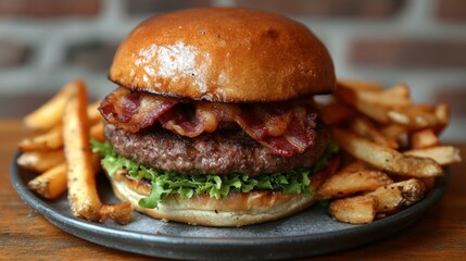 Juicy bacon burger fries restaurant brick wall menu