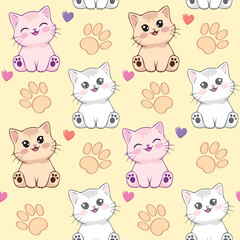 Cute Kawaii Cat Seamless Pattern with Paw Prints and Hearts on a Beige Background