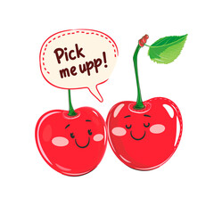 Cute cherry sticker pair with "Pick me up!" text on transparent background