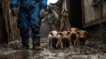Mud-Soaked Piglets and Farmer in Alleyway