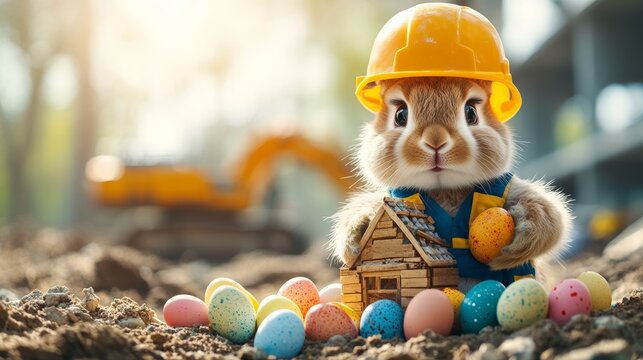 Easter bunny in construction gear gathers colorful Easter eggs preparing for a Easter celebration in a cheerful setting. Easter greetings. Construction company. With copy space. Happy Easter