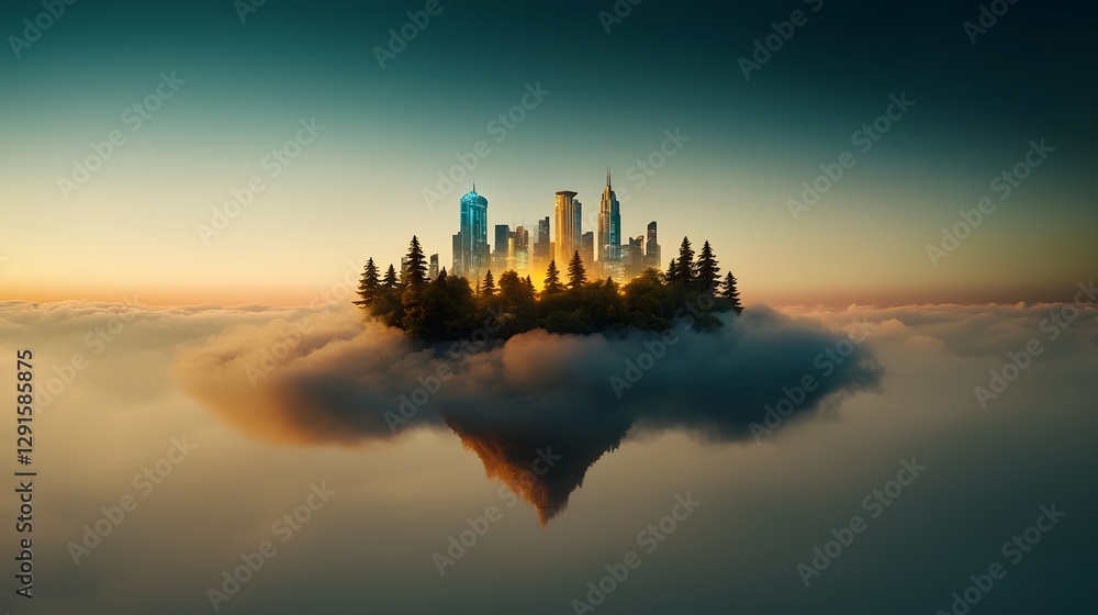 Poster futuristic floating city skyline with towering skyscrapers and holographic digital structures suspen