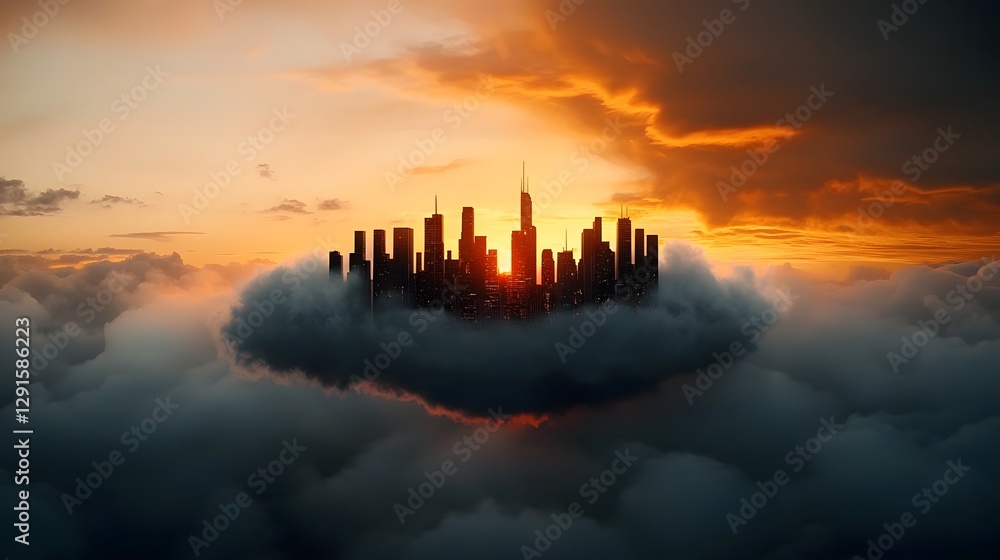 Aufkleber futuristic floating city with holographic skyscrapers and structures hovering above ethereal cloud f