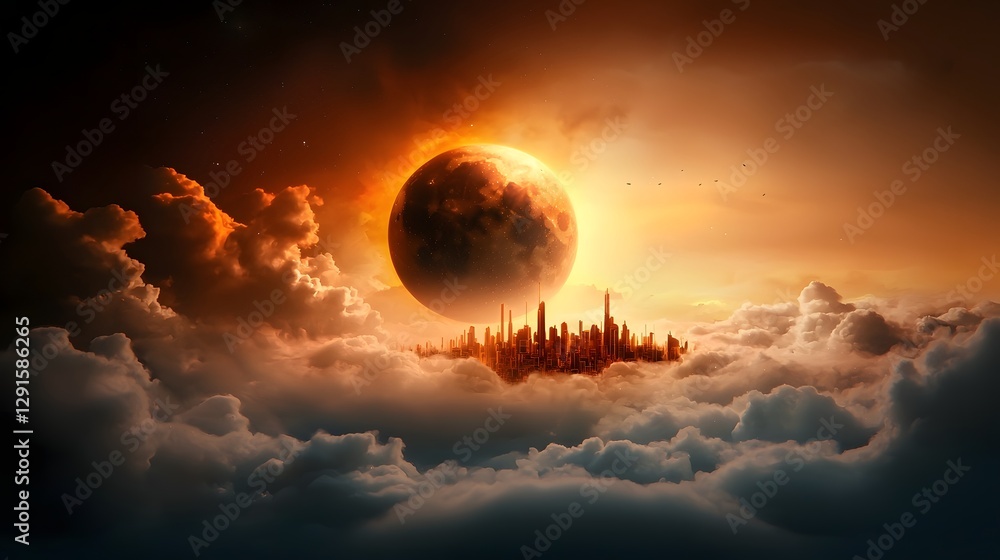 Aufkleber futuristic floating city with holographic structures hovering above dramatic cloudy skies and a glow