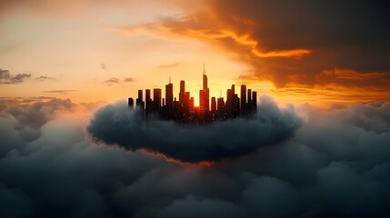 Naklejka premium Futuristic floating city with holographic skyscrapers and structures hovering above ethereal cloud formations at dramatic sunset with a dark moody atmosphere