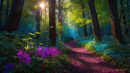Obraz premium Bright and Unique Spring Landscapes. Colorful Background with Flowers, Greenery, and Nature's Freshness for Inspiration and Spring Vibes