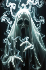 Fototapeta premium Scary ghost appearing from the dark with smoke surrounding it