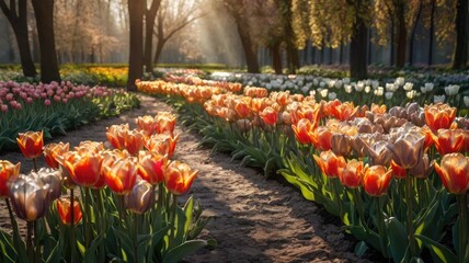 Obraz premium Bright and Unique Spring Landscapes. Colorful Background with Flowers, Greenery, and Nature's Freshness for Inspiration and Spring Vibes