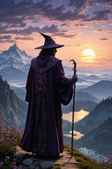 Powerful wizard looking at sunrise over mountain landscape