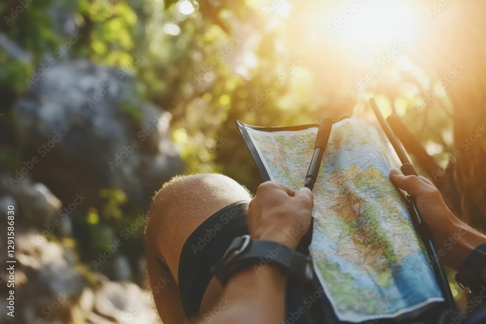 Fototapete A hiker pauses on a verdant trail to examine a detailed map, illuminated by the soft light of the setting sun filtering through the trees. Generative AI