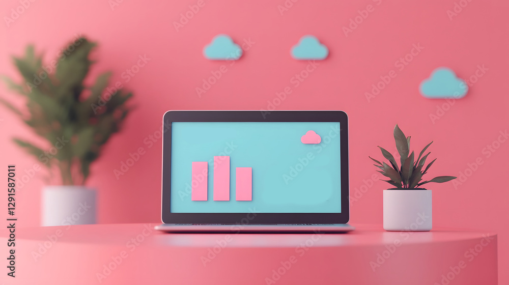 Aufkleber minimalist abstract data analytics dashboard on laptop with cloud icons