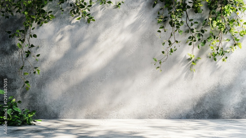 Poster natural light gently filters through vibrant leaves, casting dynamic shadows on a smooth cement wall