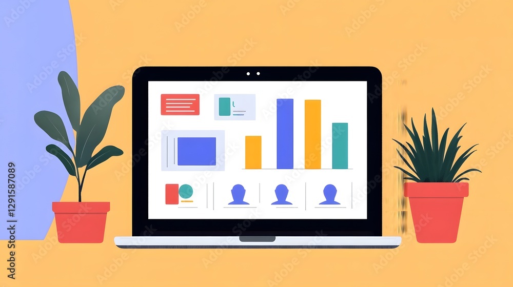 Poster abstract data analytics dashboard on laptop with cloud storage icons