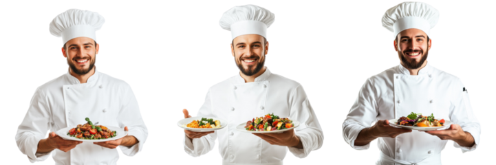 A Set of Warmly Captured Friendly Chef Presenting a Plate of Freshly Prepared Food with Inviting Charm Isolated on transparent Background