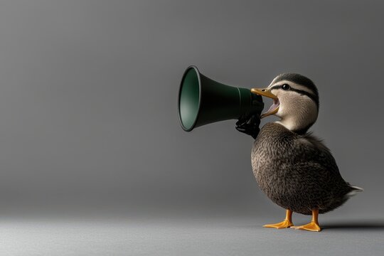 A duck using a megaphone, showcasing humor and creativity in a unique setting.