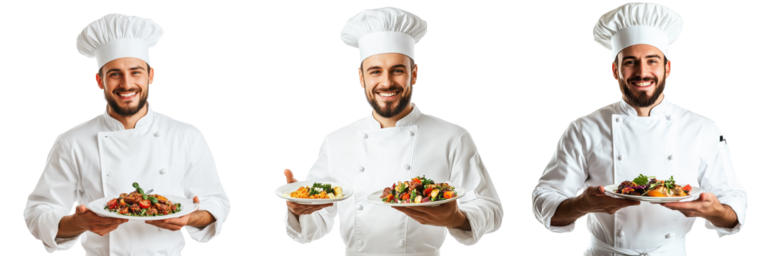 A Set of Warmly Captured Friendly Chef Presenting a Plate of Freshly Prepared Food with Inviting Charm Isolated on transparent Background