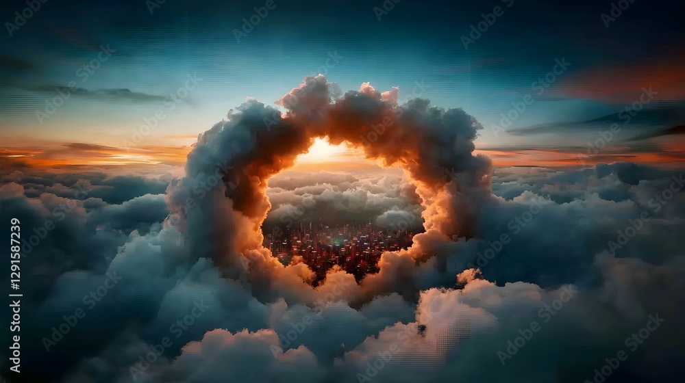 Poster futuristic floating city with surreal holographic structures hovering above the ethereal clouds agai