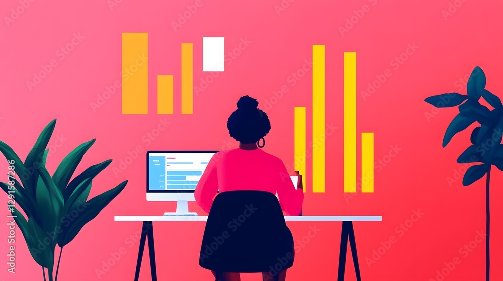 Poster workspace with floating analytics and vibrant infographic elements