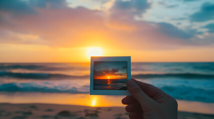 polaroid shot background featuring a hand holding an instant photo against a real beach sunset 