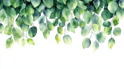 A watercolor illustration of green leaves hanging down against a white background.