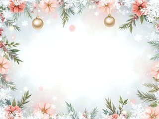 Obraz premium Delicate floral frame with festive ornaments and snowflakes
