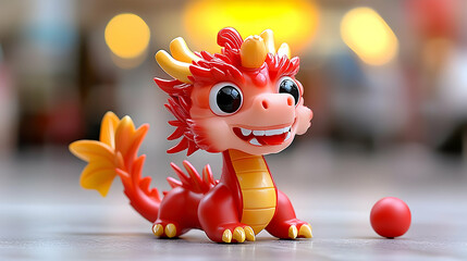 Naklejka premium Cute red dragon toy, city bokeh, playful scene, children's room decor