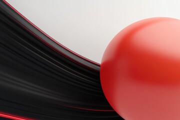 Curved black lines contrast with vibrant red sphere, creating dy