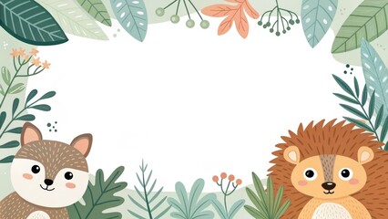 Obraz premium a cute illustration of a squirrel and a lion in a frame with leaves, creating a charming, nature-inspired design