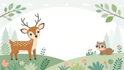 Naklejka premium a charming illustration of a deer and a squirrel in a whimsical woodland scene, featuring a cartoon deer and a squirrel
