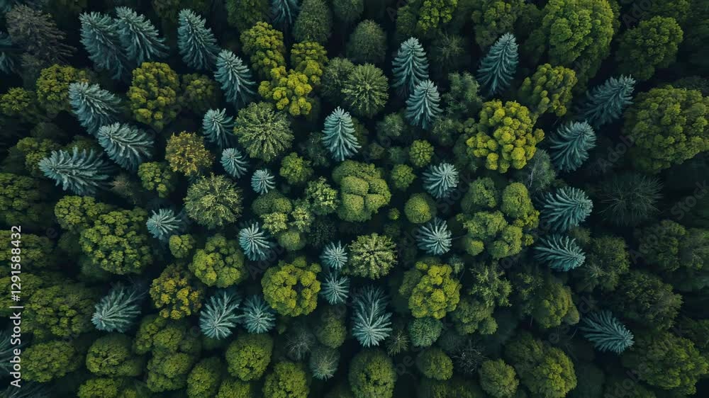 Poster aerial view of a dense forest showcasing various shades of green foliage with an array of coniferous