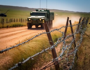 GA military vehicle driving through barbed wire at the border. Generated with AI