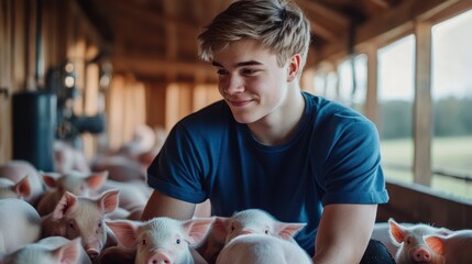 Young Farmer Tenderly Caring for Piglets in Barn