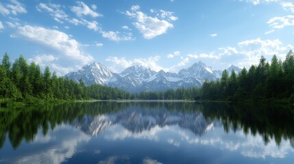 Fototapeta premium Serene Mountain Landscape with Reflective Lake and Lush Green Forest Under Clear Blue Sky