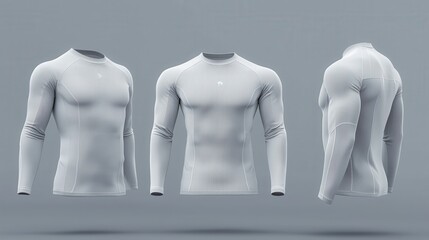 White long-sleeved athletic shirt in three angles, showing a snug fit and design. Promoting comfort and performance during sports and fitness activities.