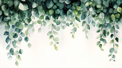 A watercolor illustration of green leaves hanging, creating a serene and natural backdrop.