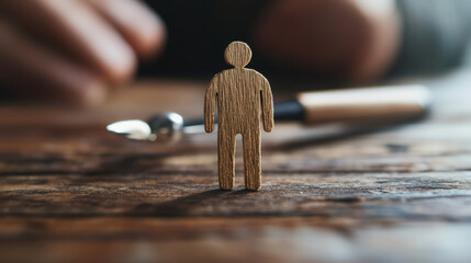 Wooden articulated mannequin posing near writing tool, hand gesture blurred, symbolizing personnel strategic planning concept