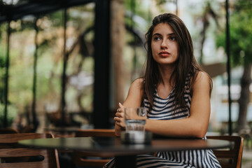 A young woman in a striped dress sits at an outdoor cafe, appearing deep in thought. The green...