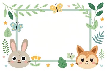 A cute cartoon frame featuring a bunny, fox, butterfly, and floral leaves. The frame provides a welcoming backdrop for invitations, greetings, and seasonal themes