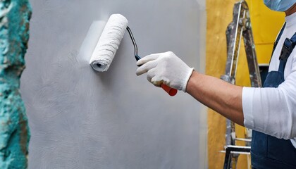 Close-up of the worker's hands painting the wall surface. Generated with AI