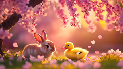 Rabbit and Duckling Under Cherry Blossoms