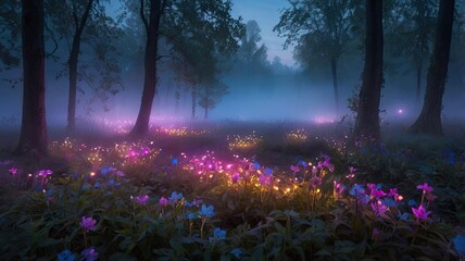Obraz premium Bright and Unique Spring Landscape. Colorful Nature Background with Flowers and Greenery for Design, Creativity, and Inspiration