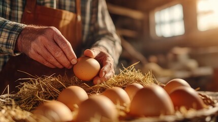 Elderly caucasian male collecting fresh eggs in rustic barn setting.