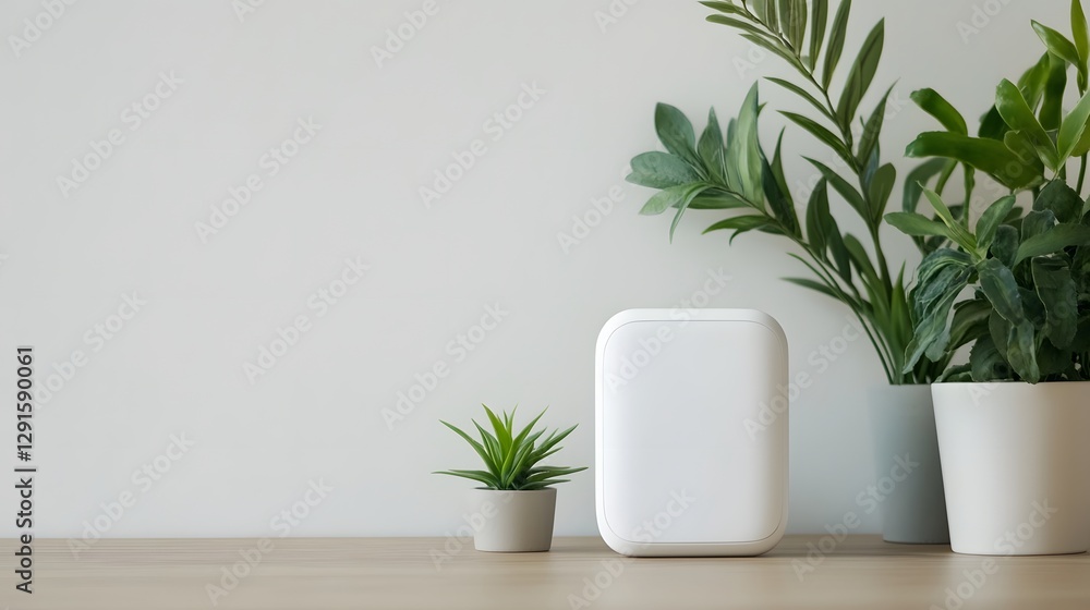 Poster modern air sensor on desk displaying real-time pollution levels, smart environment concept