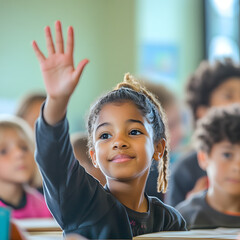 A student raising their hand to answer a question